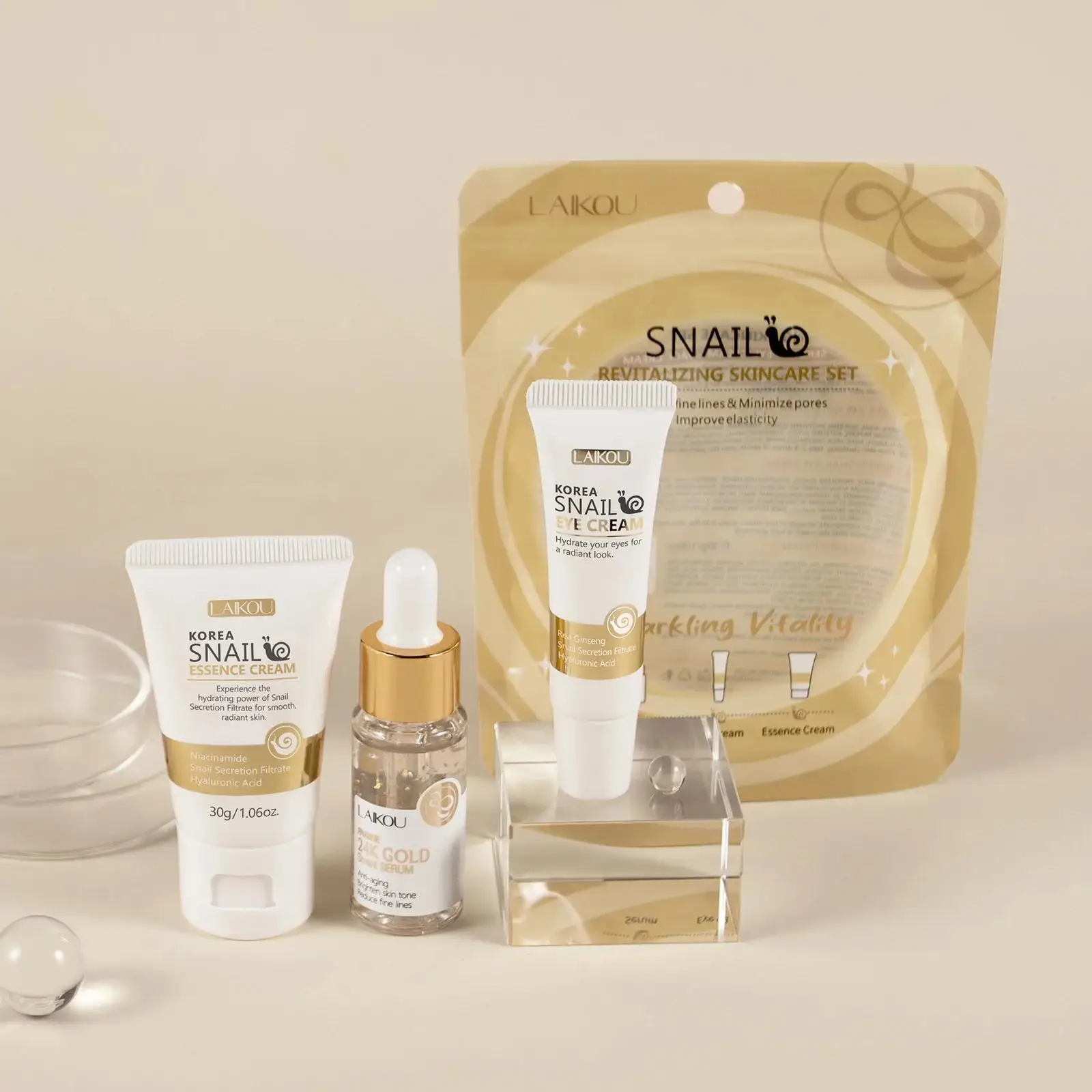 Luxury Skincare Line - 24Kゴールドスネイルリペアセラムアイクリームエッセンスセット 保湿、小じわを滑らかに、毛穴を小さくする 高級スキンケア