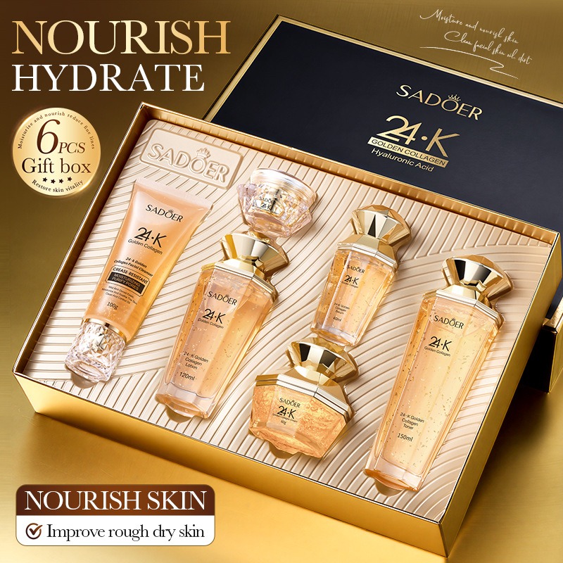 Luxury Skincare Set - 24Kゴールドコラーゲンプロテインスキンケアセット - あらゆる肌タイプ向けの引き締め、リフトアップ、保湿フェイシャルキット